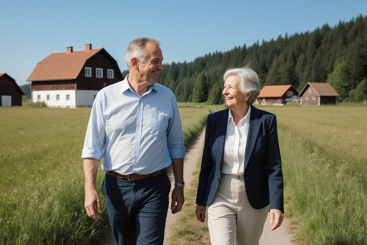 Gemeinsamer Rundgang am Feldweg mit Bauernhaus und Wirtschaftsgebäuden